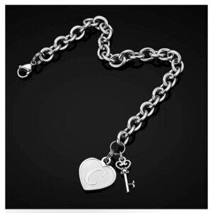 HEART Shaped Charm Stainless Steel Chain Bracelet Adjustable C Initial